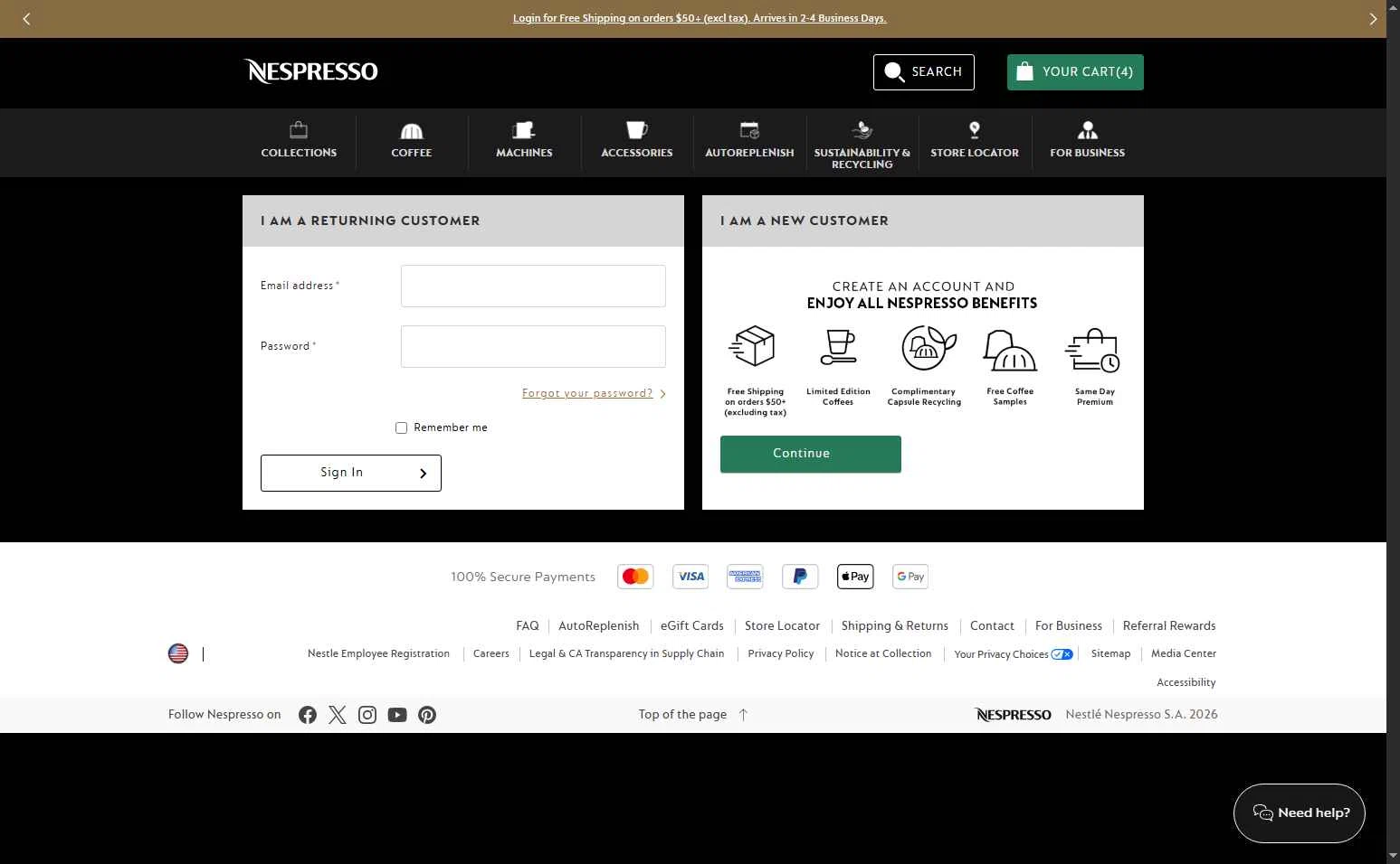 Nespresso checkout page showing Nespresso promo code box | Screenshot taken by SimplyCodes community member on Jan 25, 2026