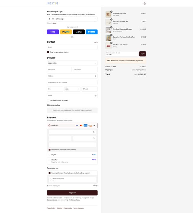 Nestig checkout page showing Nestig discount code box | Screenshot taken by SimplyCodes community member on Aug 28, 2025