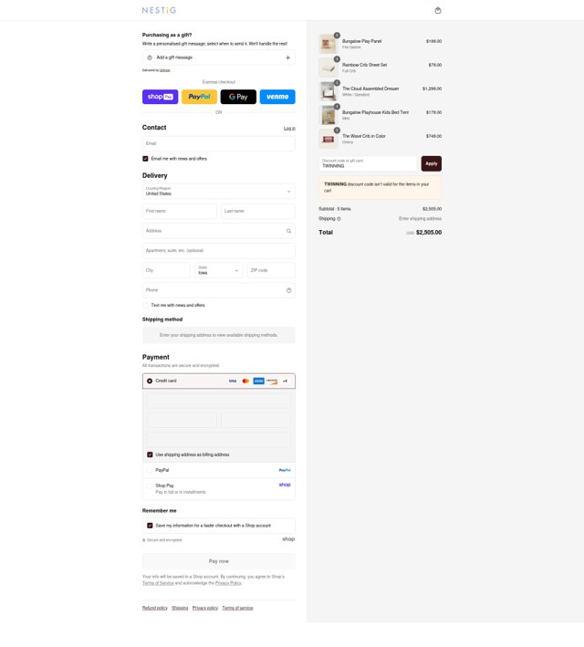 Nestig checkout page showing Nestig discount code box | Screenshot taken by SimplyCodes community member on Aug 27, 2025