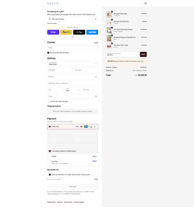 Nestig checkout page showing Nestig discount code box | Screenshot taken by SimplyCodes community member on Sep 2, 2025