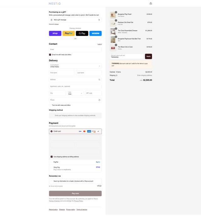 Nestig checkout page showing Nestig discount code box | Screenshot taken by SimplyCodes community member on Sep 5, 2025
