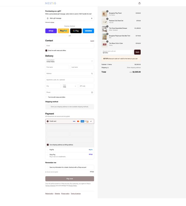 Nestig checkout page showing Nestig discount code box | Screenshot taken by SimplyCodes community member on Sep 5, 2025