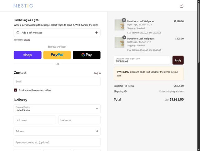 Nestig checkout page showing Nestig discount code box | Screenshot taken by SimplyCodes community member on Sep 5, 2025