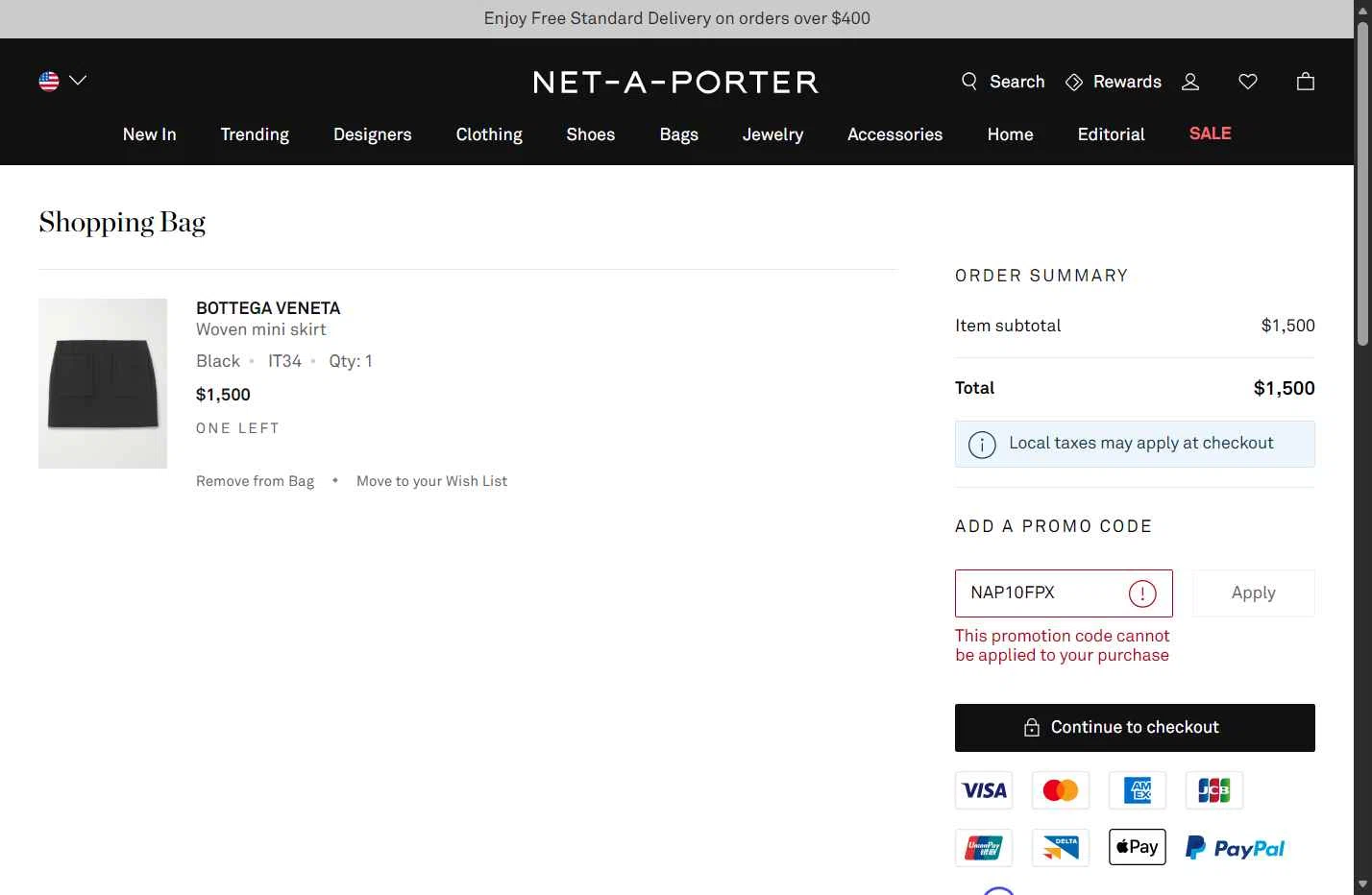 Net-A-Porter checkout page showing Net-A-Porter promo code box | Screenshot taken by SimplyCodes community member on Feb 1, 2026