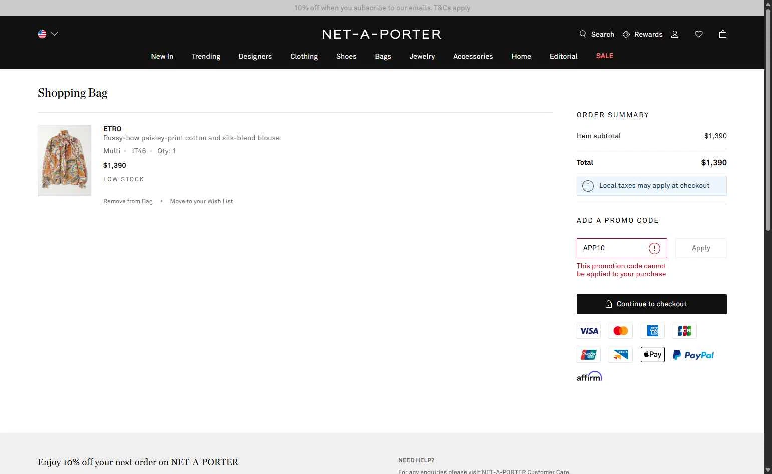 Net-A-Porter checkout page showing Net-A-Porter promo code box | Screenshot taken by SimplyCodes community member on Feb 20, 2026