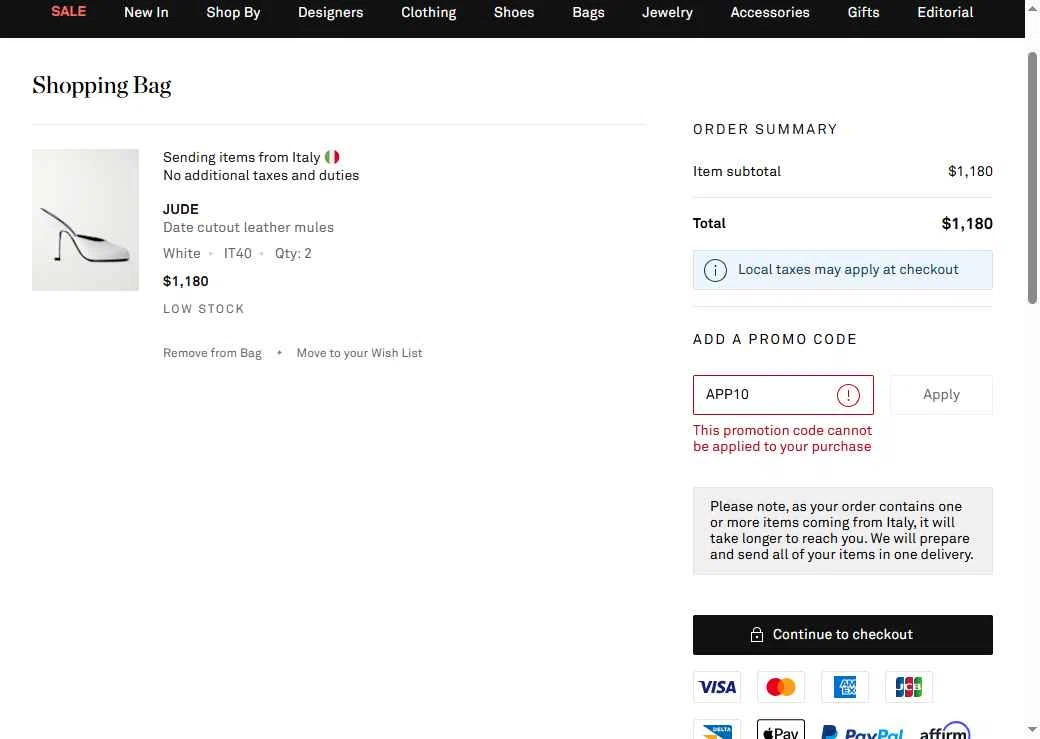 Net-A-Porter checkout page showing Net-A-Porter promo code box | Screenshot taken by SimplyCodes community member on Dec 10, 2025