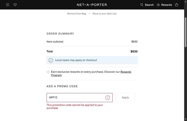 Net-A-Porter checkout page showing Net-A-Porter promo code box | Screenshot taken by SimplyCodes community member on Aug 31, 2025