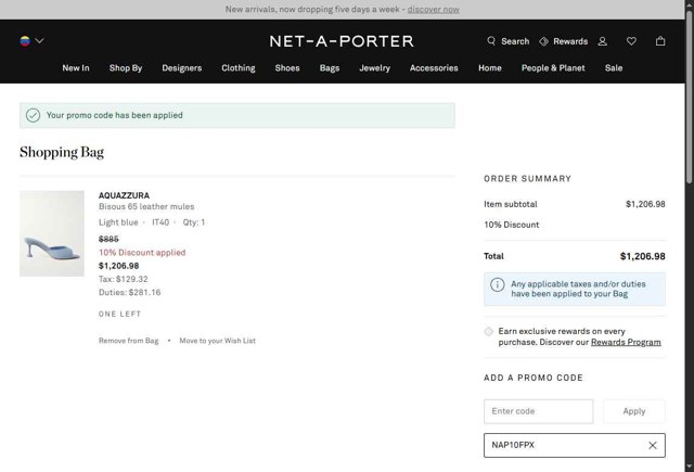 Net-A-Porter checkout page showing Net-A-Porter promo code box | Screenshot taken by SimplyCodes community member on Aug 31, 2025