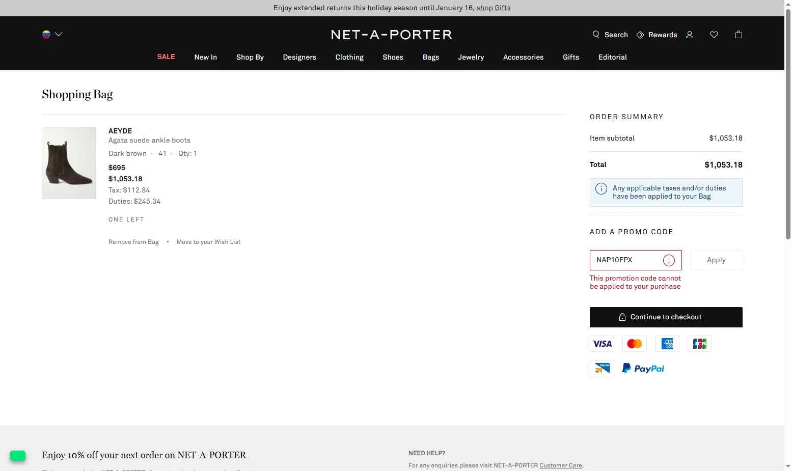 Net-A-Porter checkout page showing Net-A-Porter promo code box | Screenshot taken by SimplyCodes community member on Nov 28, 2025