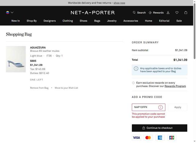 Net-A-Porter checkout page showing Net-A-Porter promo code box | Screenshot taken by SimplyCodes community member on Sep 22, 2025