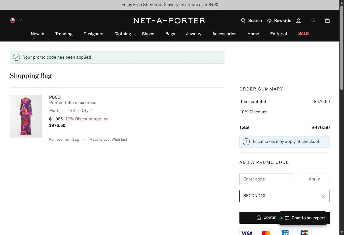 Net-A-Porter checkout page showing Net-A-Porter promo code box | Screenshot taken by SimplyCodes community member on Jan 12, 2026