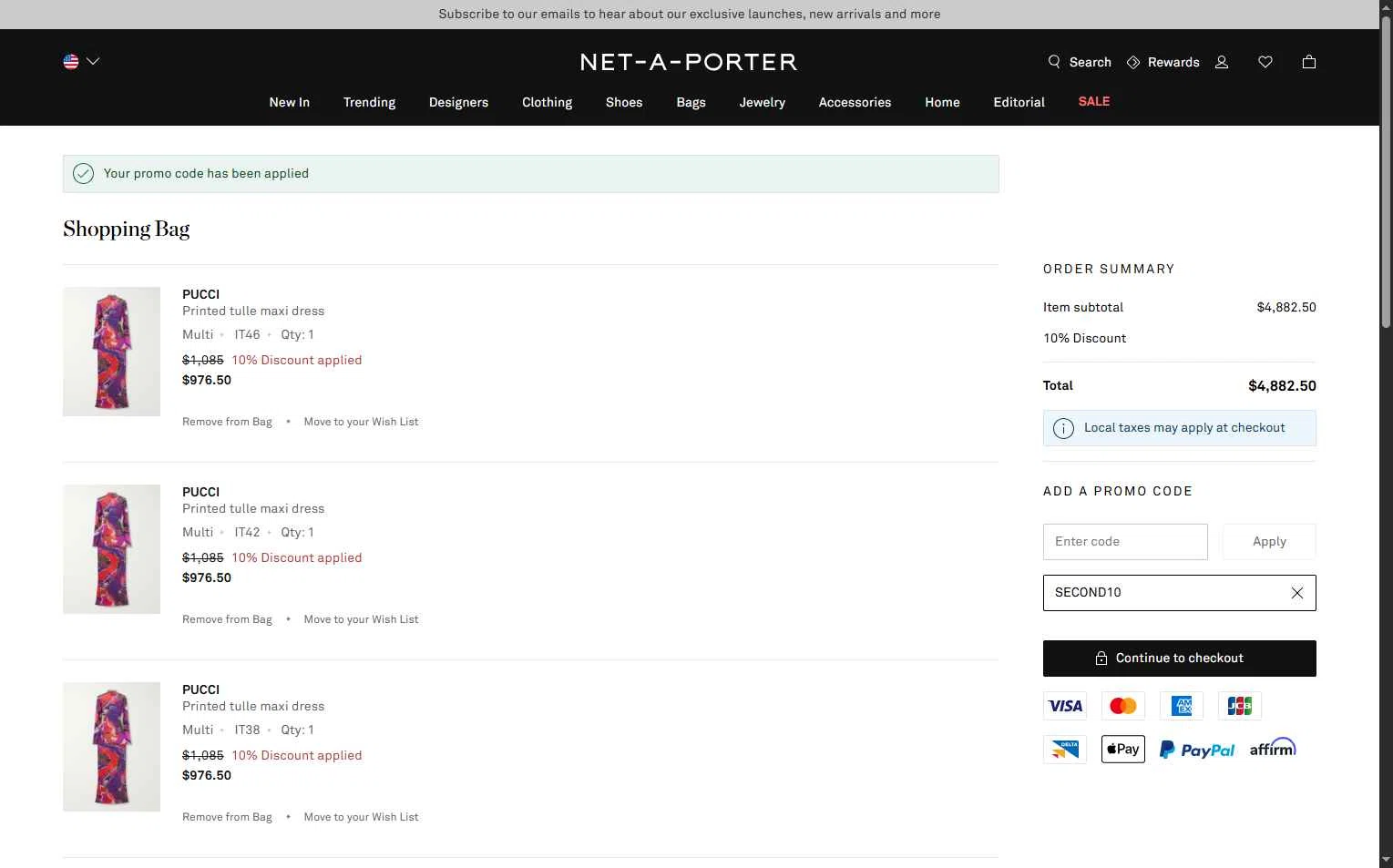 Net-A-Porter checkout page showing Net-A-Porter promo code box | Screenshot taken by SimplyCodes community member on Jan 12, 2026