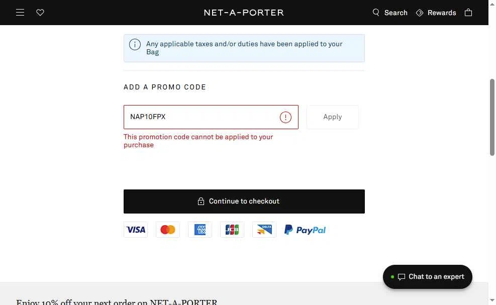 Net-A-Porter checkout page showing Net-A-Porter promo code box | Screenshot taken by SimplyCodes community member on Nov 10, 2025