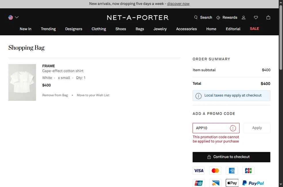 Net-A-Porter checkout page showing Net-A-Porter promo code box | Screenshot taken by SimplyCodes community member on Feb 5, 2026