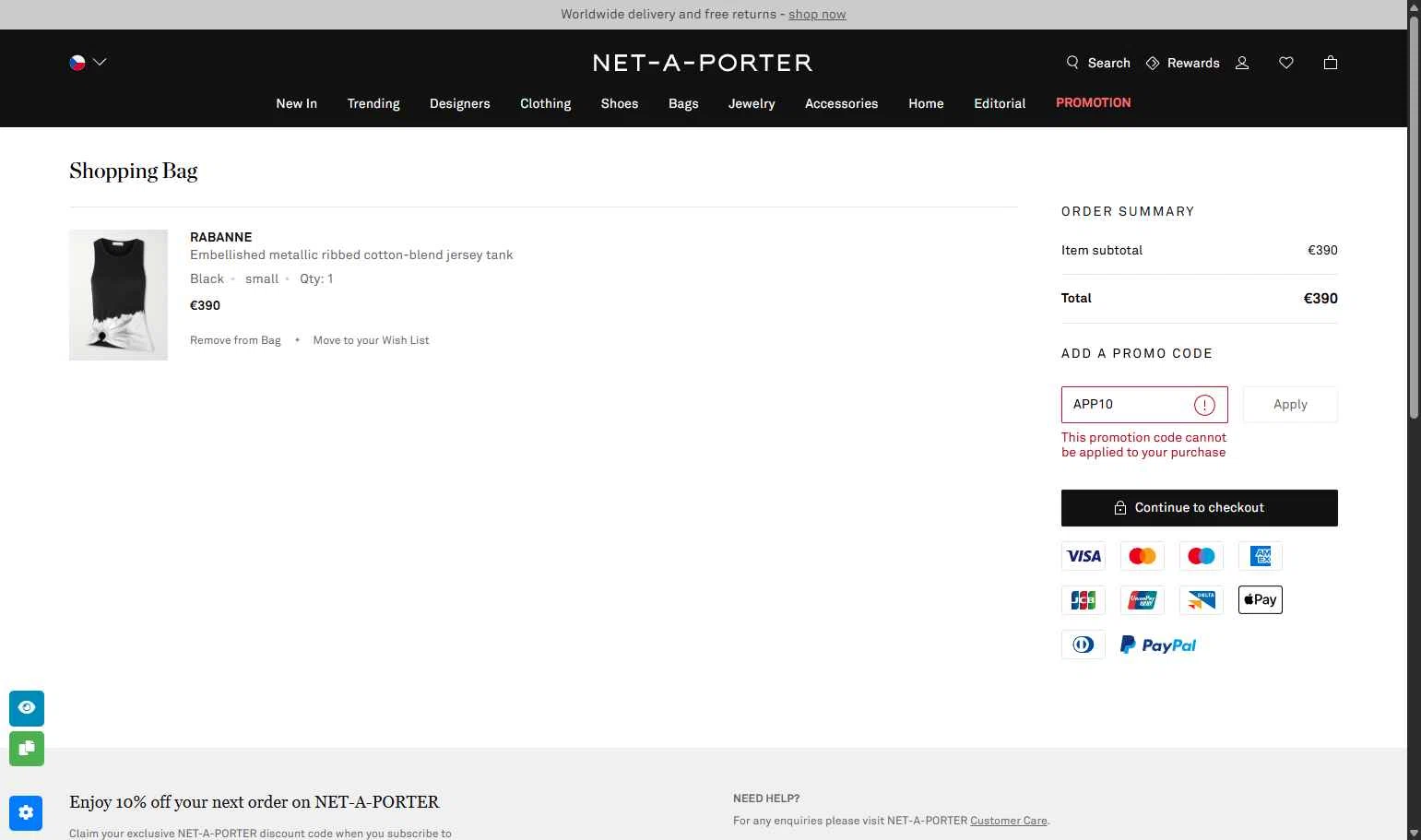 Net-A-Porter checkout page showing Net-A-Porter promo code box | Screenshot taken by SimplyCodes community member on Jan 24, 2026