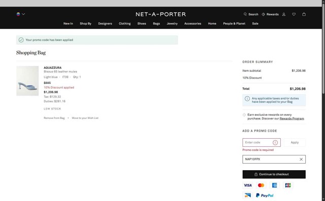 Net-A-Porter checkout page showing Net-A-Porter promo code box | Screenshot taken by SimplyCodes community member on Aug 19, 2025