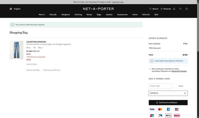 Net-A-Porter checkout page showing Net-A-Porter promo code box | Screenshot taken by SimplyCodes community member on Sep 26, 2025