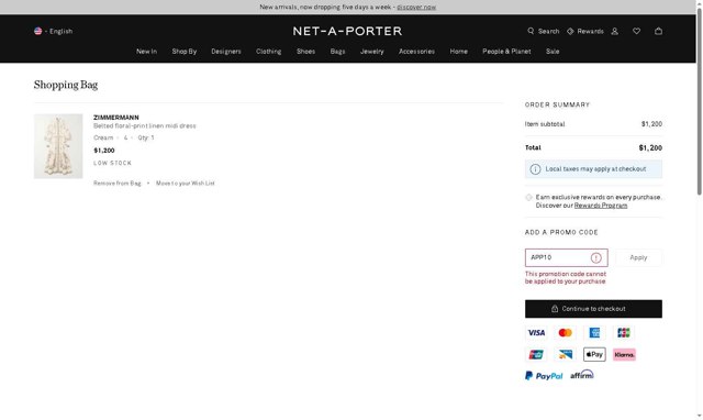 Net-A-Porter checkout page showing Net-A-Porter promo code box | Screenshot taken by SimplyCodes community member on Sep 1, 2025