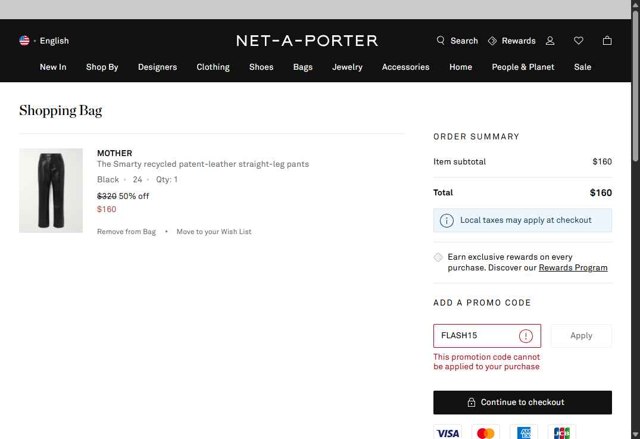 Net-A-Porter checkout page showing Net-A-Porter promo code box | Screenshot taken by SimplyCodes community member on Aug 29, 2025