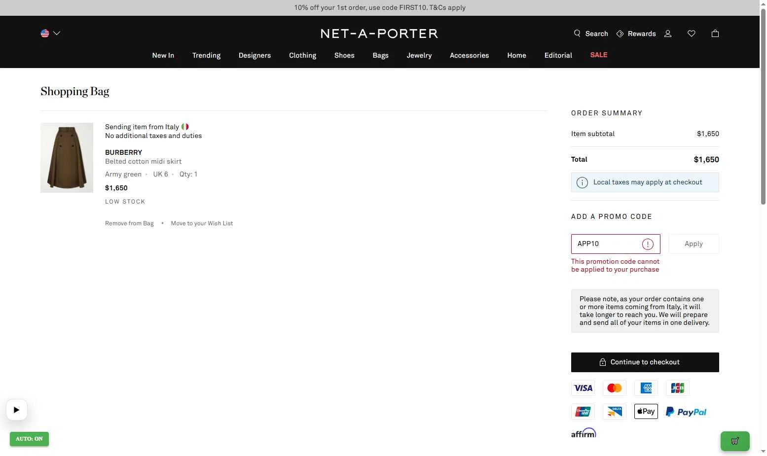 Net-A-Porter checkout page showing Net-A-Porter promo code box | Screenshot taken by SimplyCodes community member on Feb 8, 2026