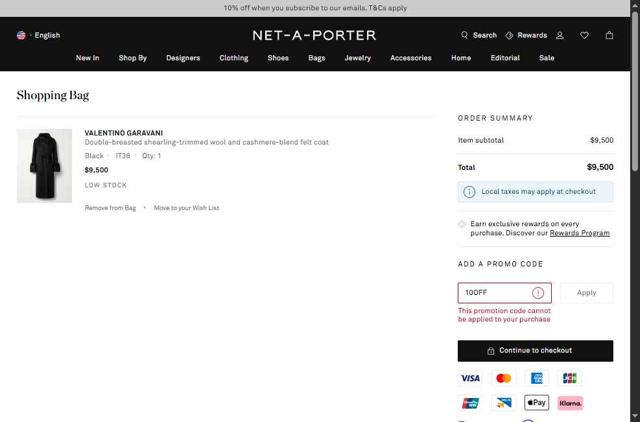 Net-A-Porter checkout page showing Net-A-Porter promo code box | Screenshot taken by SimplyCodes community member on Sep 25, 2025