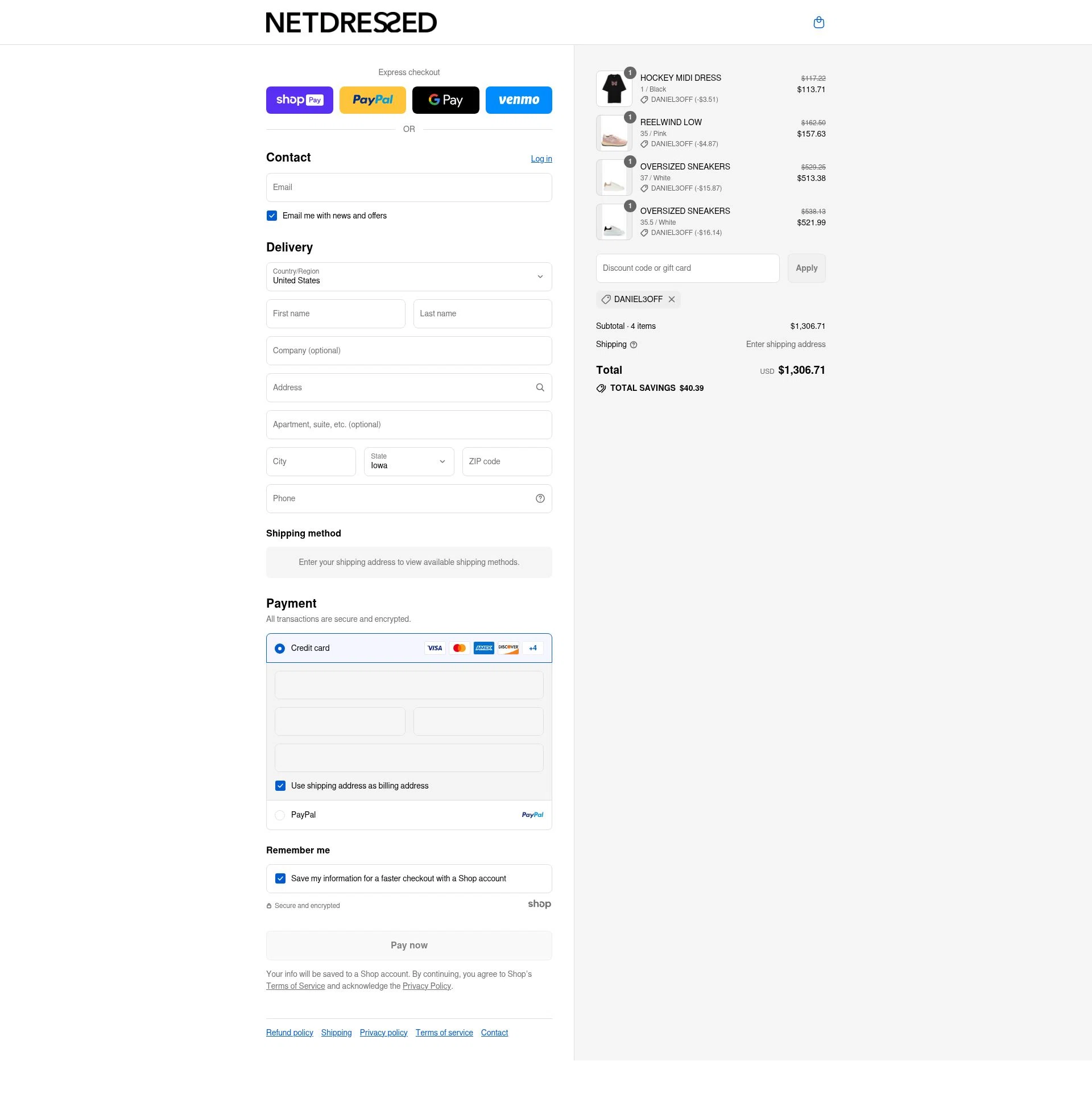 Netdressed checkout page showing Netdressed discount code box | Screenshot taken by SimplyCodes community member on Aug 26, 2025