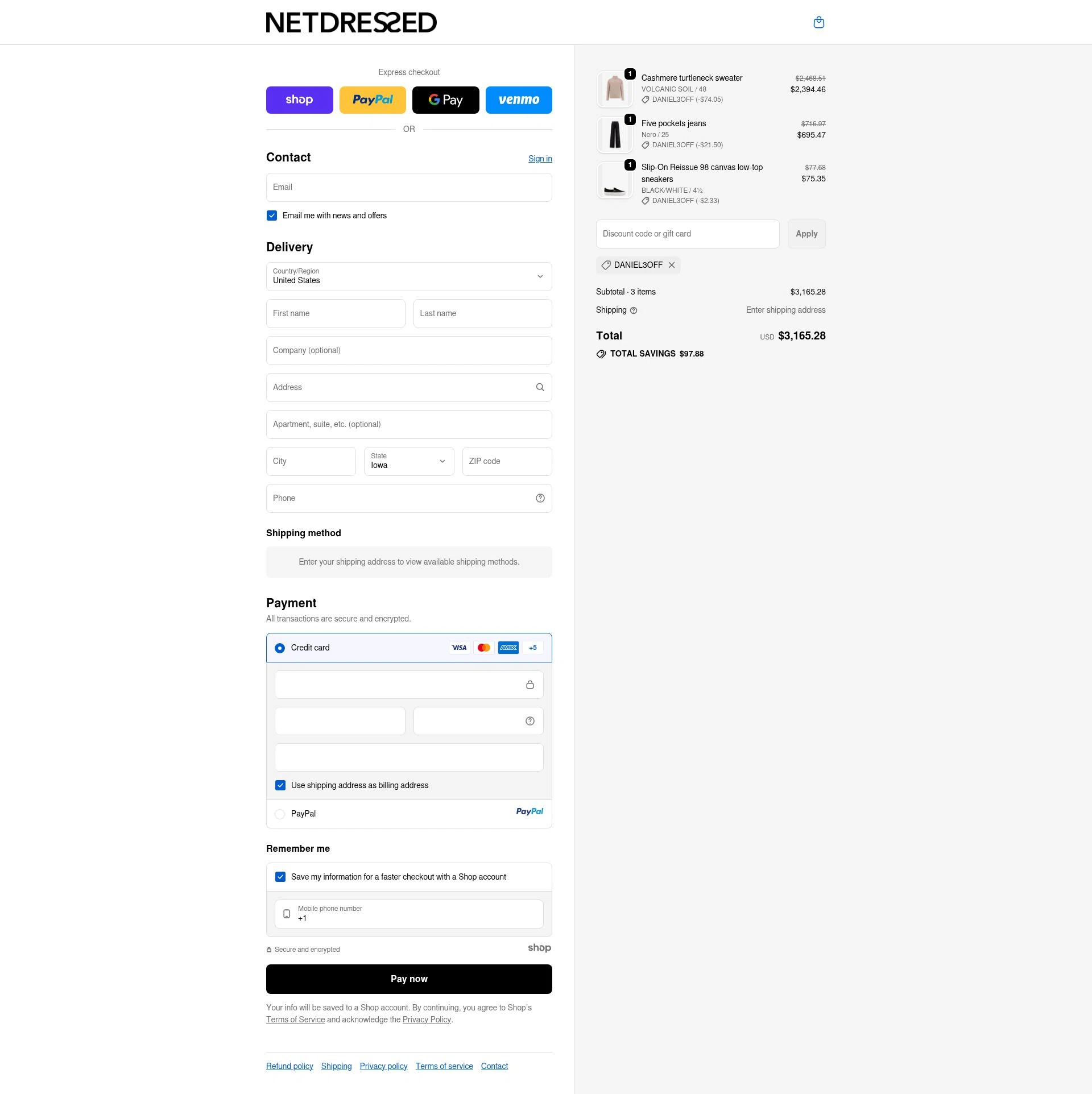 Netdressed checkout page showing Netdressed discount code box | Screenshot taken by SimplyCodes community member on Sep 20, 2025