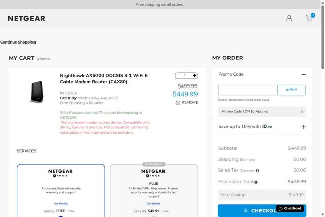 Netgear checkout page showing Netgear coupon code box | Screenshot taken by SimplyCodes community member on Aug 25, 2025