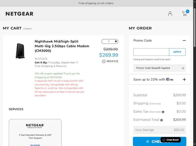 Netgear checkout page showing Netgear coupon code box | Screenshot taken by SimplyCodes community member on Sep 9, 2025