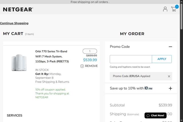 Netgear checkout page showing Netgear coupon code box | Screenshot taken by SimplyCodes community member on Sep 5, 2025