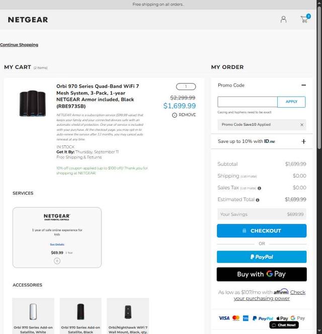Netgear checkout page showing Netgear coupon code box | Screenshot taken by SimplyCodes community member on Sep 9, 2025