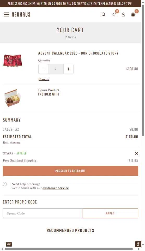 Neuhaus Chocolate checkout page showing Neuhaus Chocolate promo code box | Screenshot taken by SimplyCodes community member on Oct 10, 2025