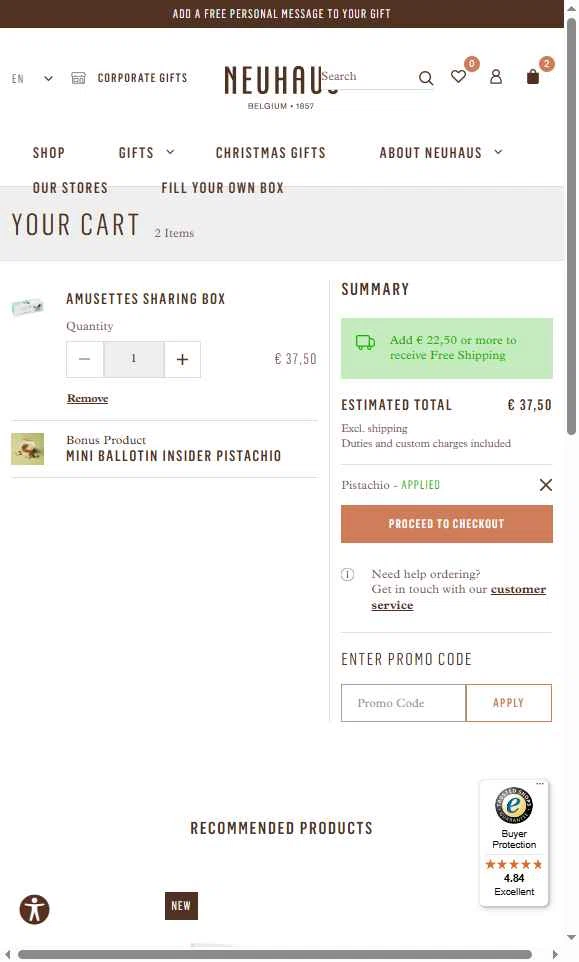 Neuhaus Chocolate checkout page showing Neuhaus Chocolate promo code box | Screenshot taken by SimplyCodes community member on Dec 4, 2025