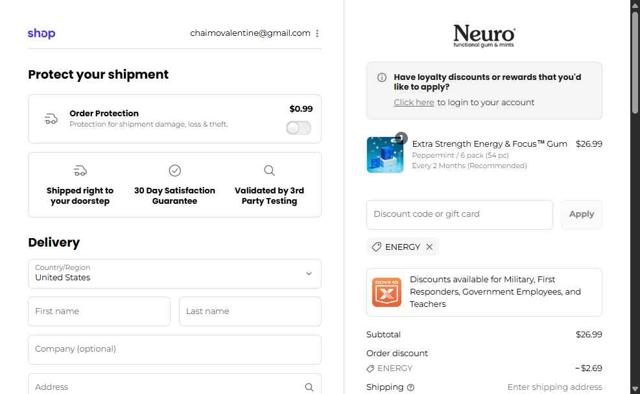 Neuro checkout page showing Neuro discount code box | Screenshot taken by SimplyCodes community member on Sep 13, 2025