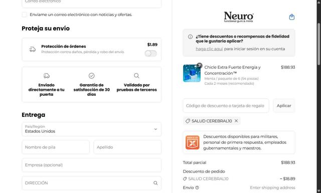 Neuro checkout page showing Neuro discount code box | Screenshot taken by SimplyCodes community member on Sep 13, 2025