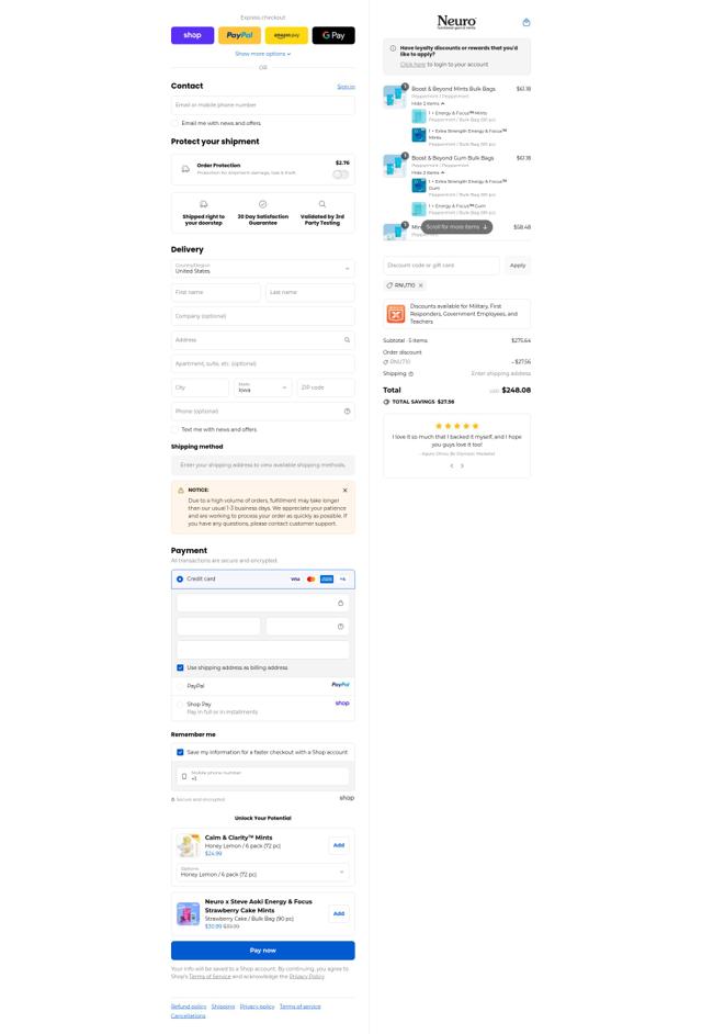 Neuro checkout page showing Neuro discount code box | Screenshot taken by SimplyCodes community member on Sep 11, 2025