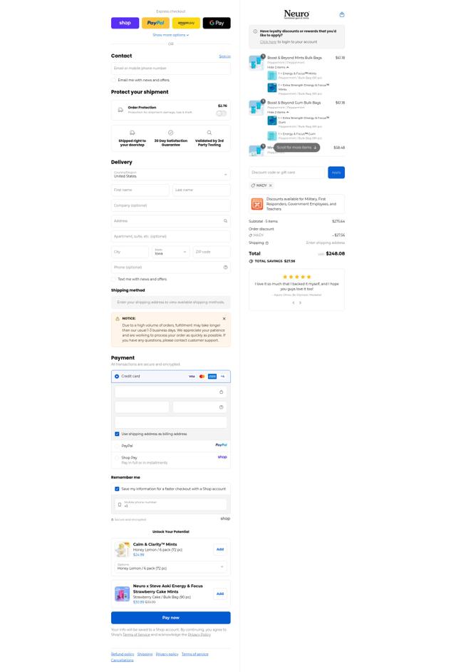 Neuro checkout page showing Neuro discount code box | Screenshot taken by SimplyCodes community member on Sep 11, 2025