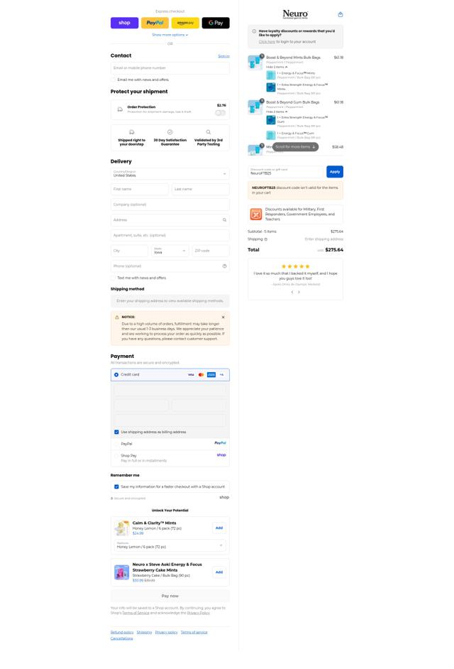Neuro checkout page showing Neuro discount code box | Screenshot taken by SimplyCodes community member on Sep 11, 2025
