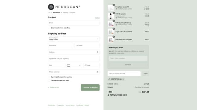 Neurogan checkout page showing Neurogan discount code box | Screenshot taken by SimplyCodes community member on Sep 9, 2025