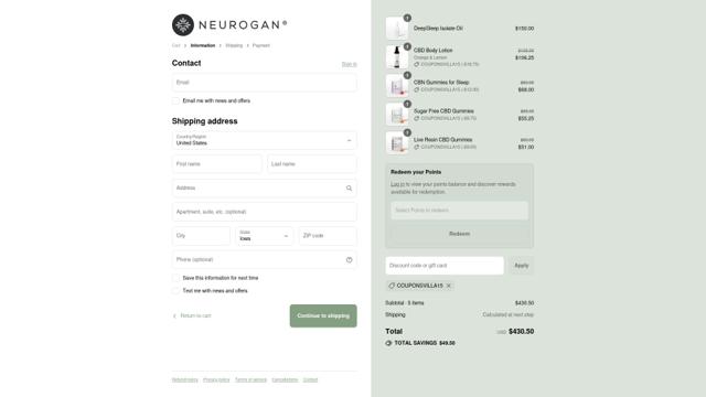 Neurogan checkout page showing Neurogan discount code box | Screenshot taken by SimplyCodes community member on Sep 9, 2025