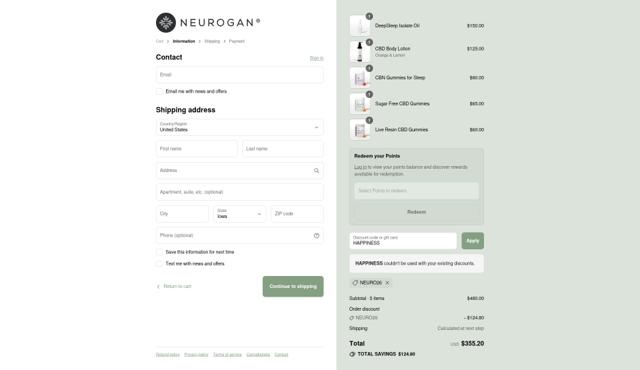 Neurogan checkout page showing Neurogan discount code box | Screenshot taken by SimplyCodes community member on Sep 9, 2025