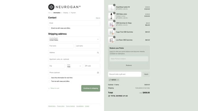 Neurogan checkout page showing Neurogan discount code box | Screenshot taken by SimplyCodes community member on Sep 9, 2025