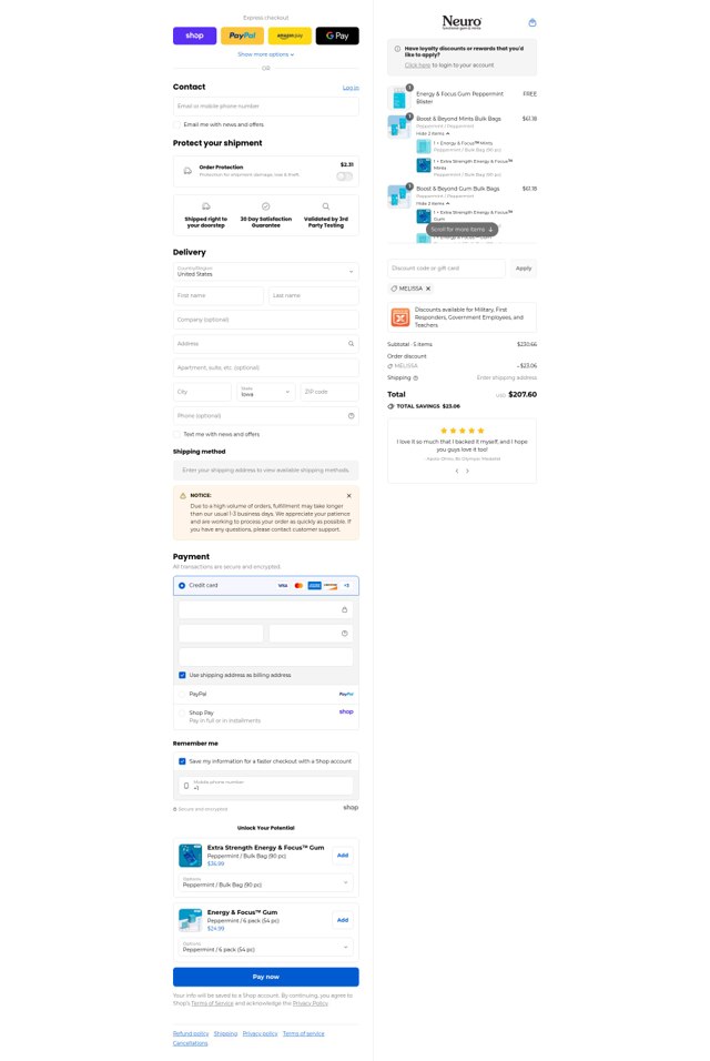 NeuroGum checkout page showing NeuroGum discount code box | Screenshot taken by SimplyCodes community member on Sep 6, 2025