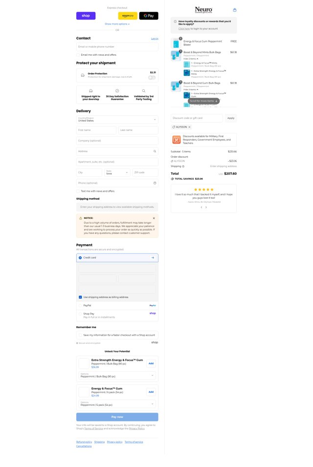 NeuroGum checkout page showing NeuroGum discount code box | Screenshot taken by SimplyCodes community member on Sep 6, 2025