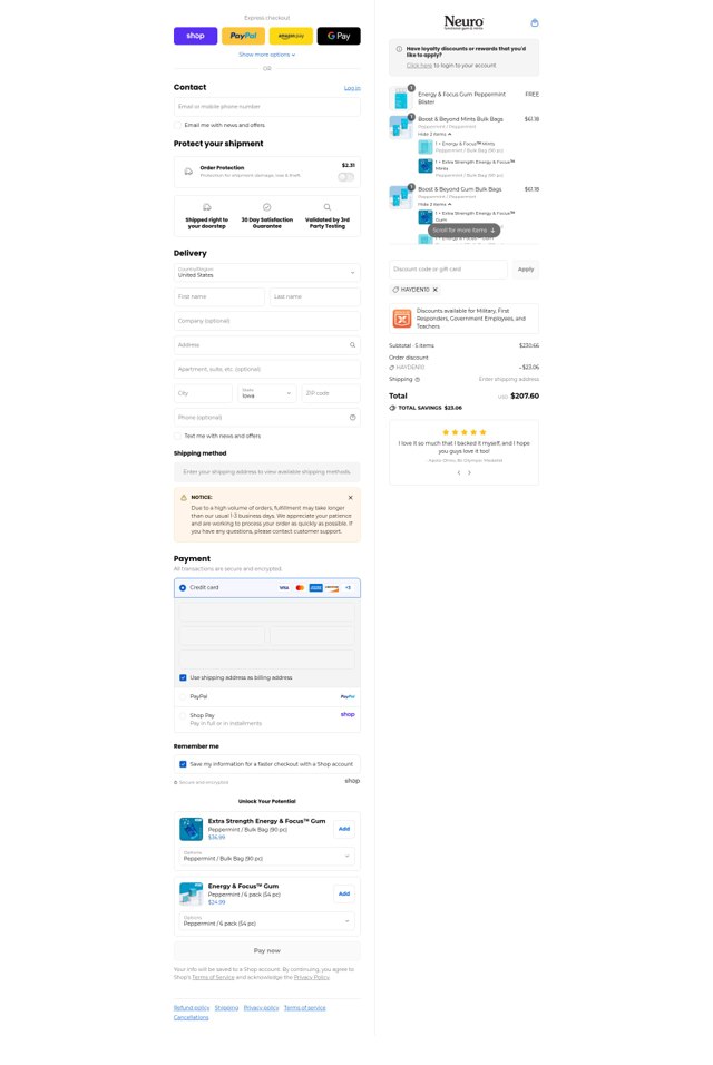 NeuroGum checkout page showing NeuroGum discount code box | Screenshot taken by SimplyCodes community member on Sep 6, 2025