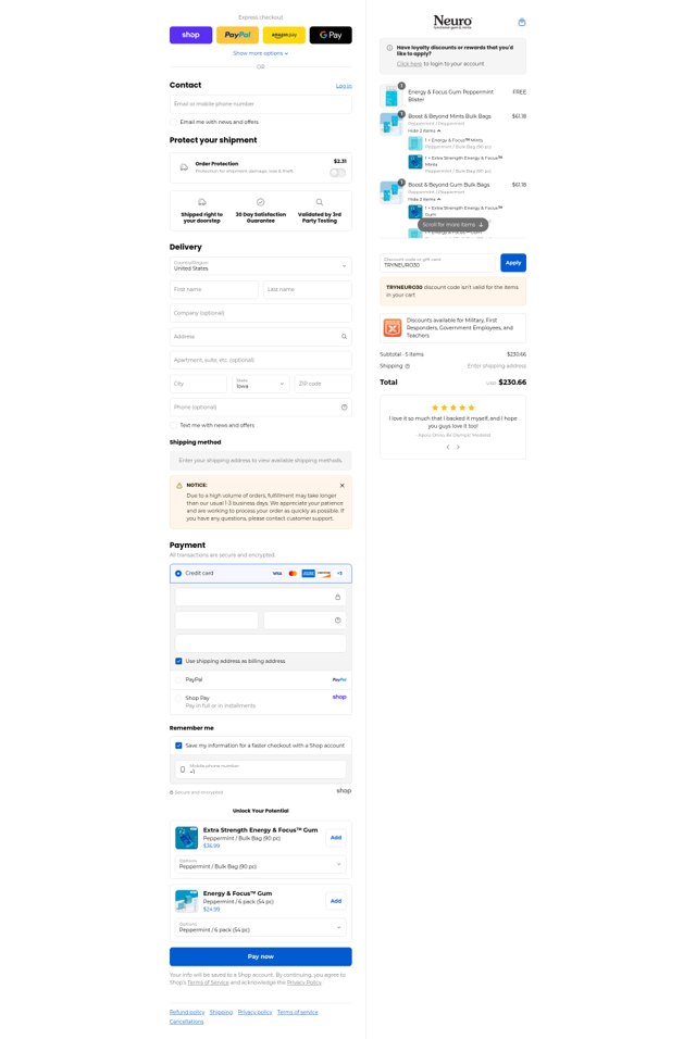 NeuroGum checkout page showing NeuroGum discount code box | Screenshot taken by SimplyCodes community member on Sep 6, 2025