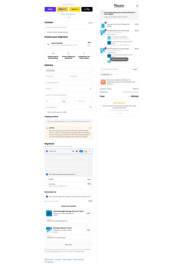NeuroGum checkout page showing NeuroGum discount code box | Screenshot taken by SimplyCodes community member on Sep 6, 2025