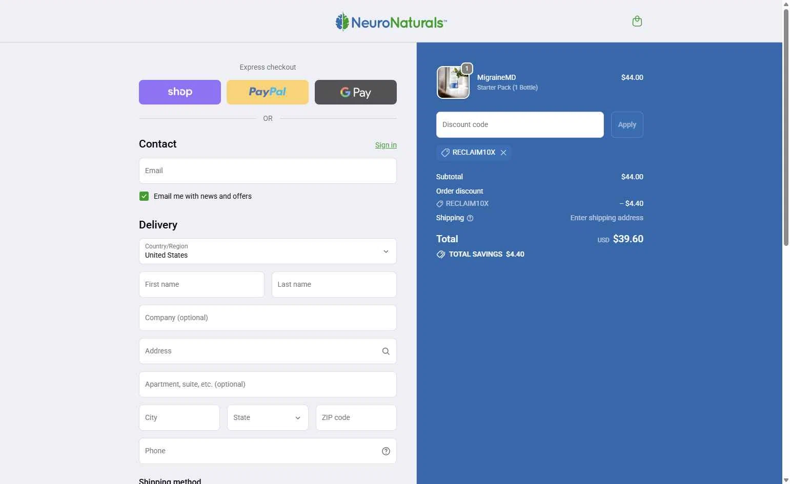 NeuroNaturals checkout page showing NeuroNaturals promo code box | Screenshot taken by SimplyCodes community member on Feb 10, 2026