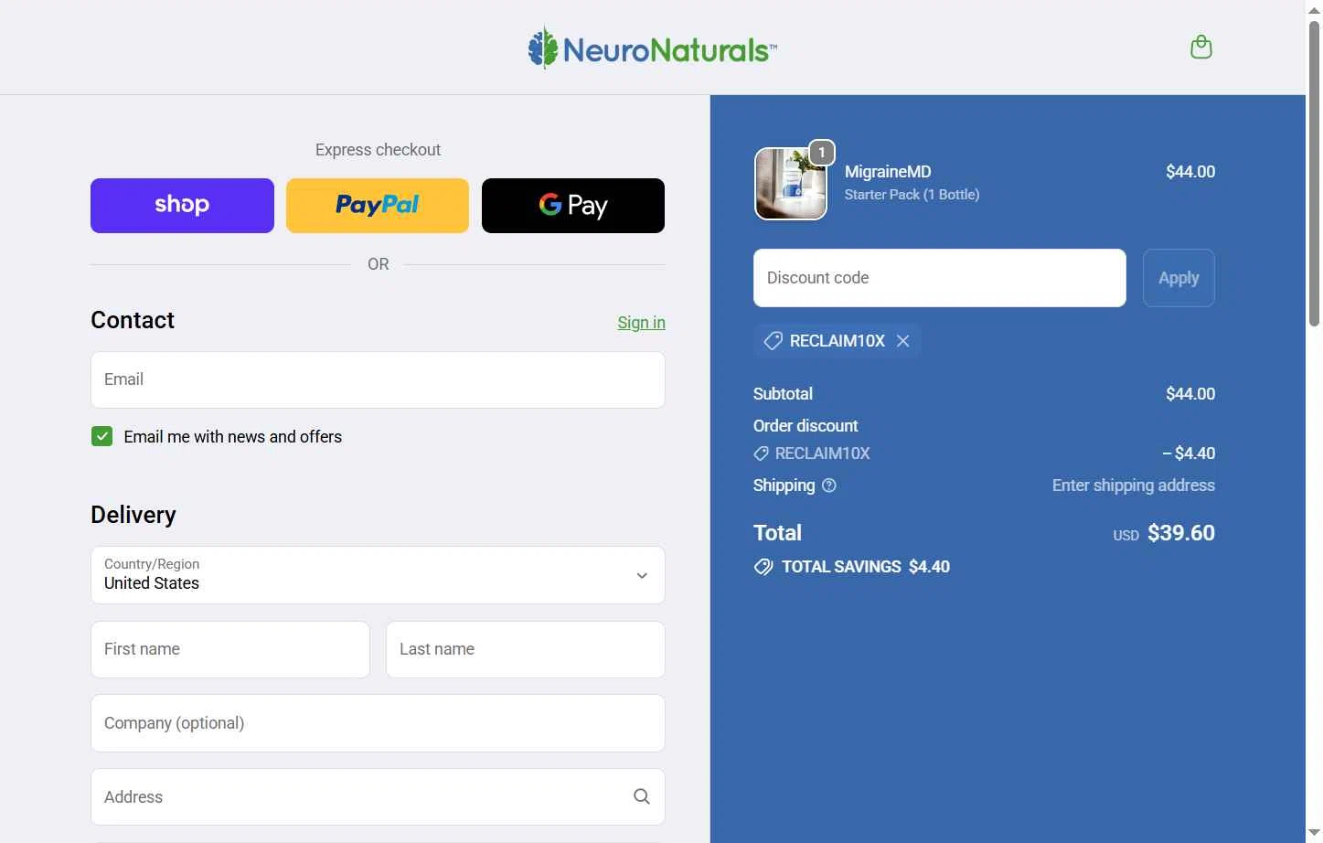 NeuroNaturals checkout page showing NeuroNaturals promo code box | Screenshot taken by SimplyCodes community member on Nov 15, 2025