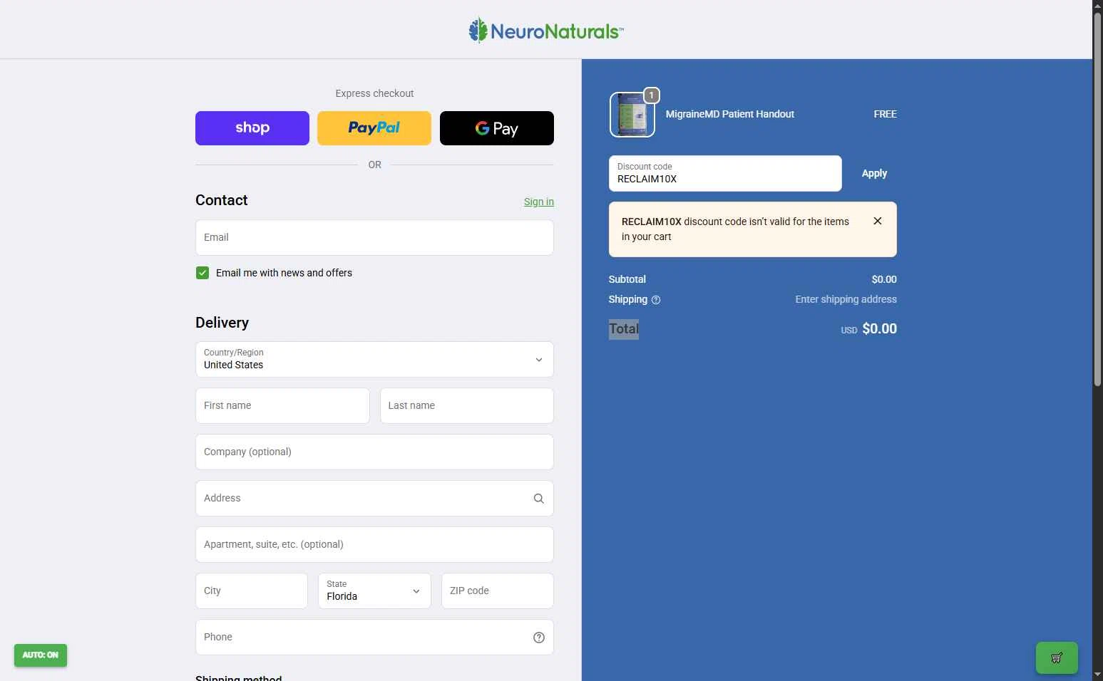 NeuroNaturals checkout page showing NeuroNaturals promo code box | Screenshot taken by SimplyCodes community member on Nov 15, 2025